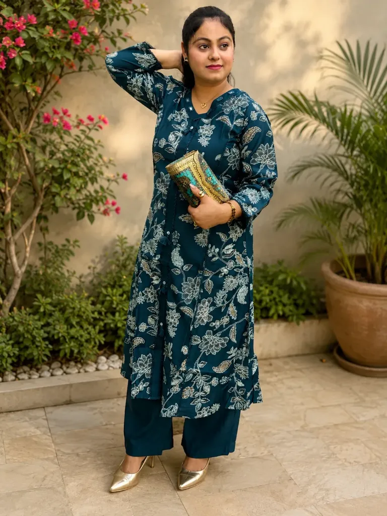 Teal Floral Print Kurta and Palazzo Set