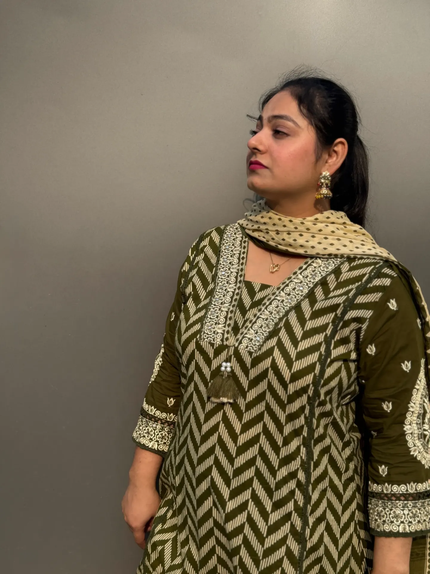 [MS00OCKL] OLIVE CHEVRON PRINT KURTA SET (L)